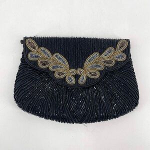 Vintage Beaded Snap‎ Flap Corded Strap Clutch Shoulder Bag Black Small Flapper
